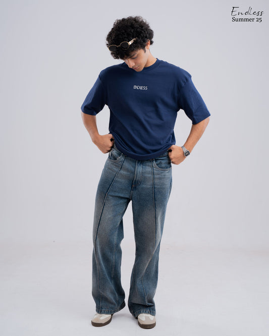 Drop Shoulder Solid T-Shirt - Blue