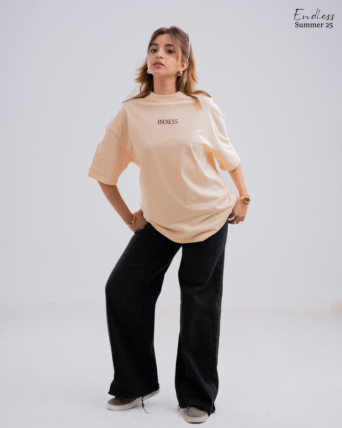 Drop Shoulder Solid T-Shirt - Beige