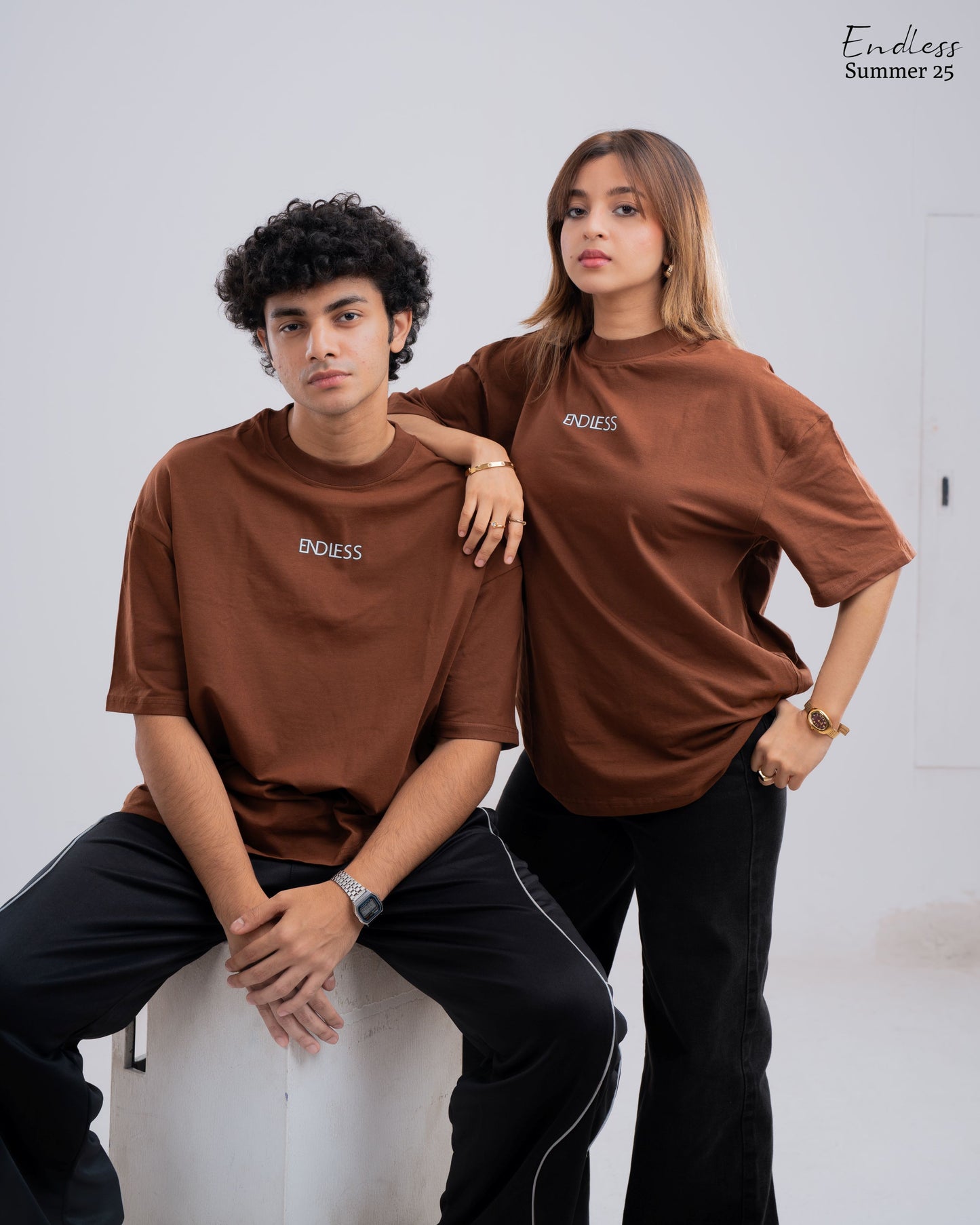 Drop Shoulder Solid T-Shirt - Brown