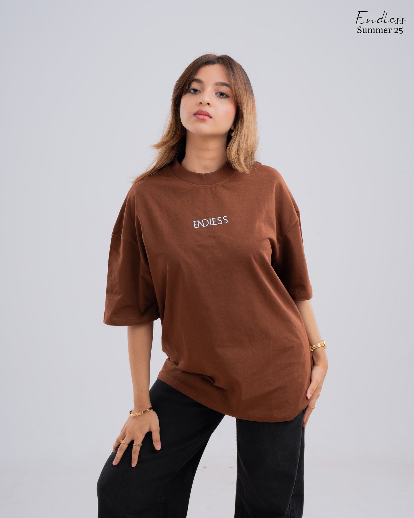 Drop Shoulder Solid T-Shirt - Brown