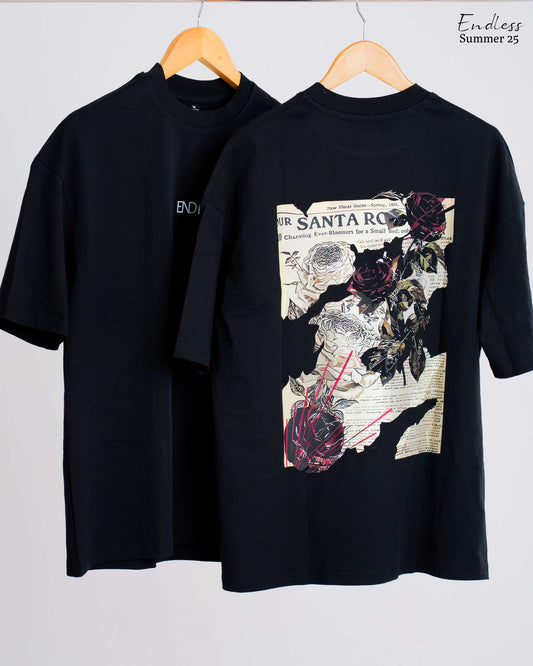Drop Shoulder Printed T-Shirt - Black (Santa Rose)