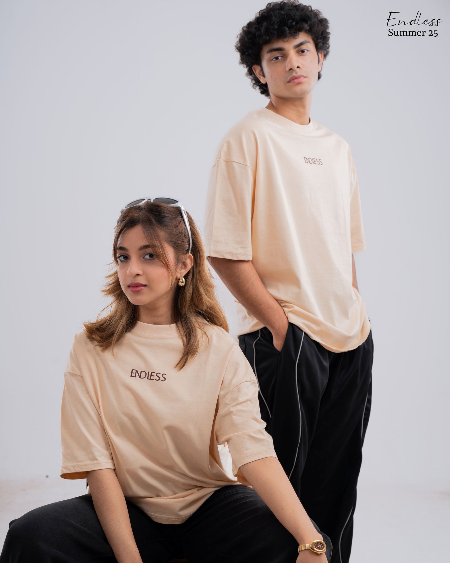 Drop Shoulder Solid T-Shirt - Beige